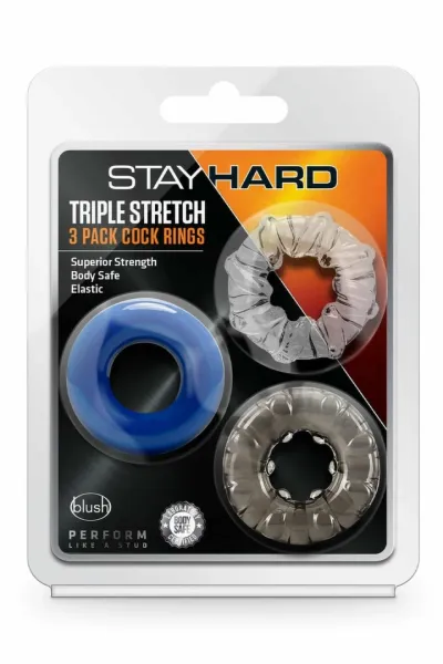 Erekční kroužky STAY HARD Triple Stretch, 3 ks, pružné, TPE, černé