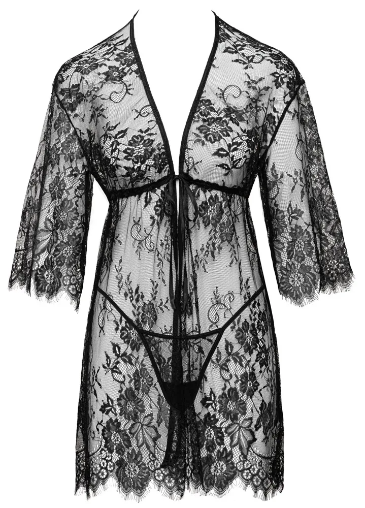 Krajkové kimono Cottelli LINGERIE se saténovou stužkou a tangami, černé, S/M - obrázek 5