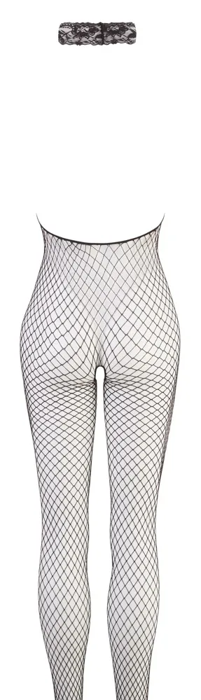 Síťový catsuit Cottelli Collection s krajkovým límečkem, otevřený, černý, S/M - obrázek 6