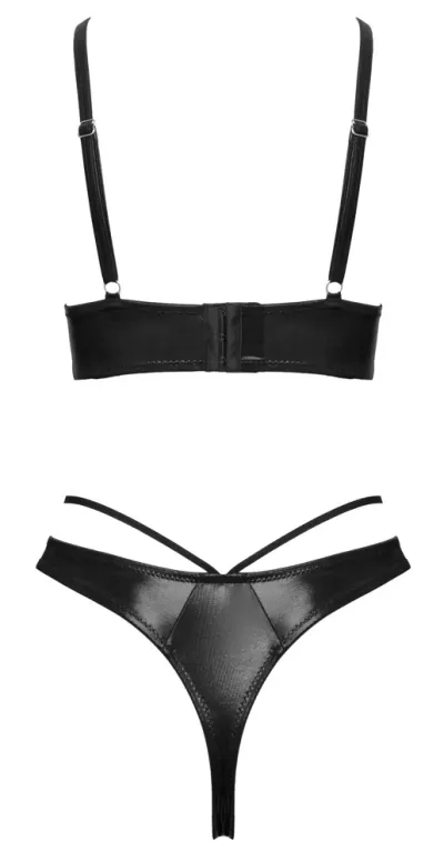 Komplet Cottelli LINGERIE, podprsenka s otevřenými košíčky a otevřená tanga, wetlook, černý, S - obrázek 6