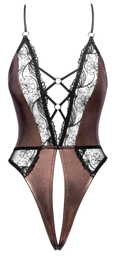 Tanga body Cottelli LINGERIE Copper s krajkou a flitry, měděné s černou, S - obrázek 6