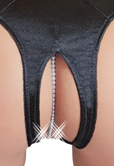 Saténová tanga s perlami a otevřeným rozkrokem Cottelli Collection, černá, L - obrázek 5