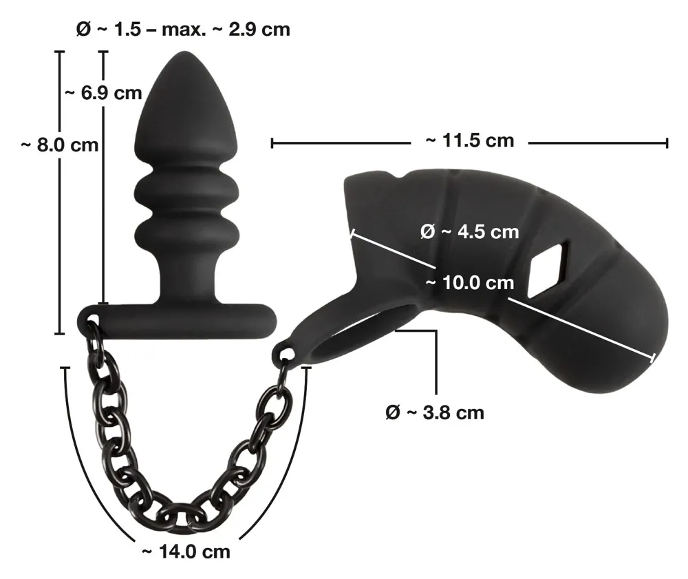 Silikonová klec cudnosti Black Velvets s análním kolíkem a řetízkem, černá, 11,5 cm - obrázek 8