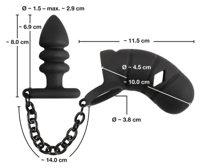 Silikonová klec cudnosti Black Velvets s análním kolíkem a řetízkem, černá, 11,5 cm - obrázek 8