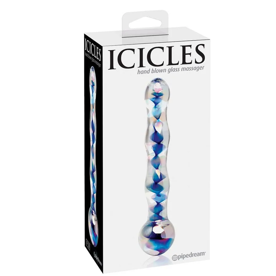 Skleněné dildo Icicles No. 8, 17,8 cm, čiré s modrou
