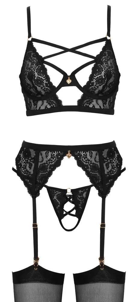 Krajkový komplet Cottelli LINGERIE, podprsenka, podvazkový pás a tanga, černý, 75B/S - obrázek 8