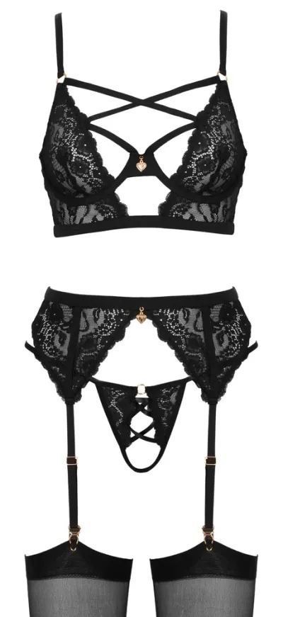 Krajkový komplet Cottelli LINGERIE, podprsenka, podvazkový pás a tanga, černý, 75B/S - obrázek 8