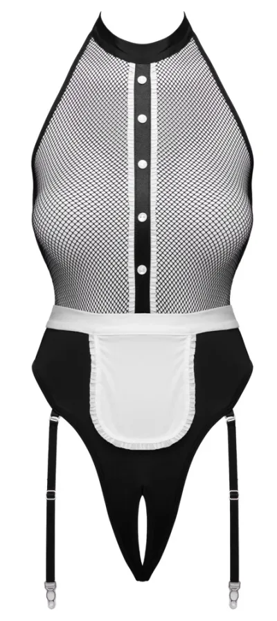 Body pokojské Cottelli COSTUMES Maid Body s podvazky a zástěrkou, černobílé, S - obrázek 8