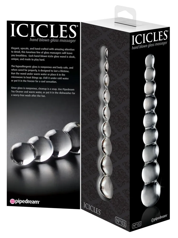 Skleněné dildo Pipedream Icicles No. 2 s kuličkami, 22,5 cm, čiré - obrázek 3