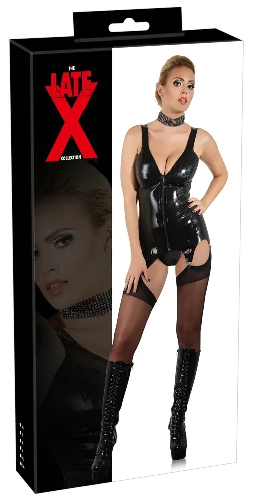Latexový živůtek Cottelli Collection s podvazky a zipem vpředu, černý, XS
