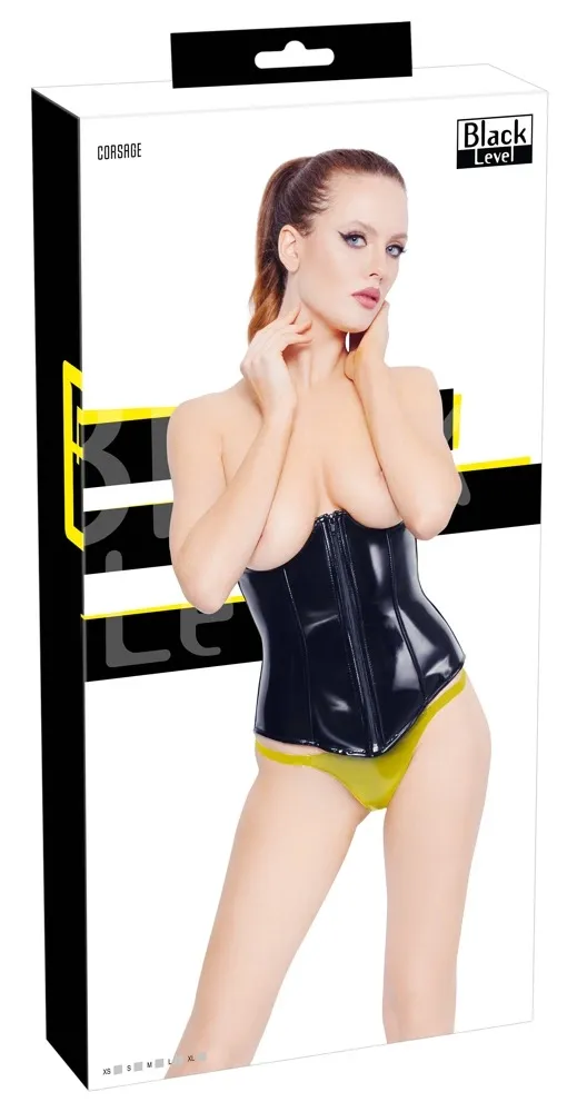 Vinylový korzet Black Level s otevřenými košíčky a šněrováním, s tangy, černý, XS