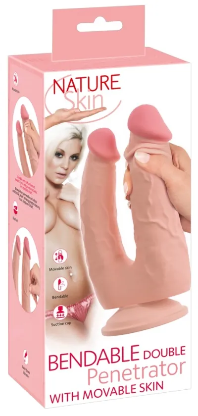 Dvojité dildo Nature Skin Bendable Double Penetrator s přísavkou, TPE, 20/19 cm