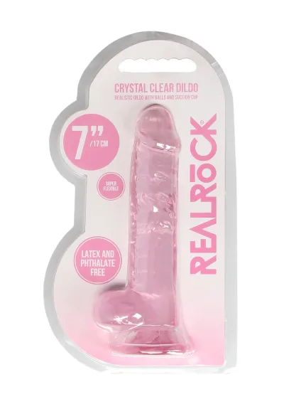 Realistické dildo s varlaty a přísavkou RealRock Crystal Clear 7", průhledné - obrázek 8