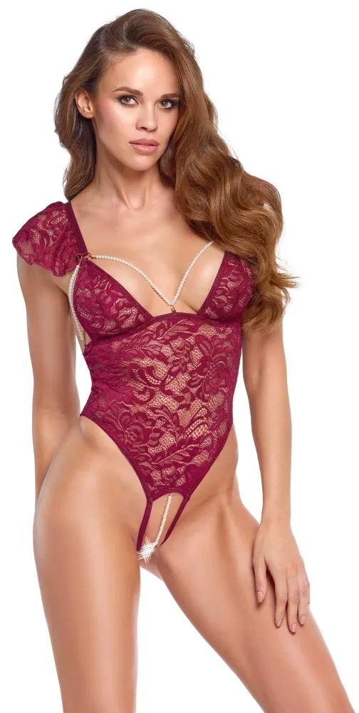 Krajkové body Cottelli Lingerie Body Pearls s odnímatelnými perlami, bordó, S - obrázek 3