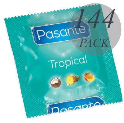 Kondomy Pasante Tropical s příchutí manga, ananasu a kokosu, 144 ks