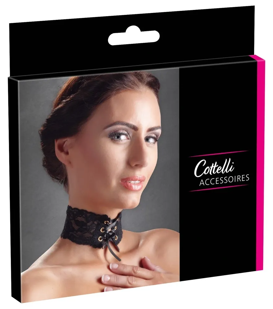 Krajkový choker Svenjoyment se saténovým šněrováním, černý, 32 cm